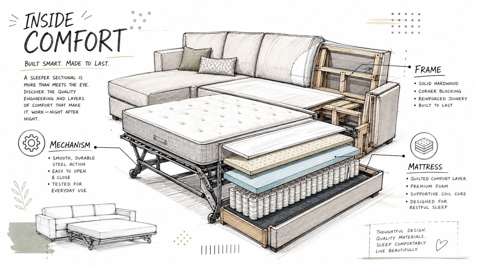 A detailed technical illustration of a sleeper sectional sofa, showcasing its internal frame, mattress construction, and opening mechanism.