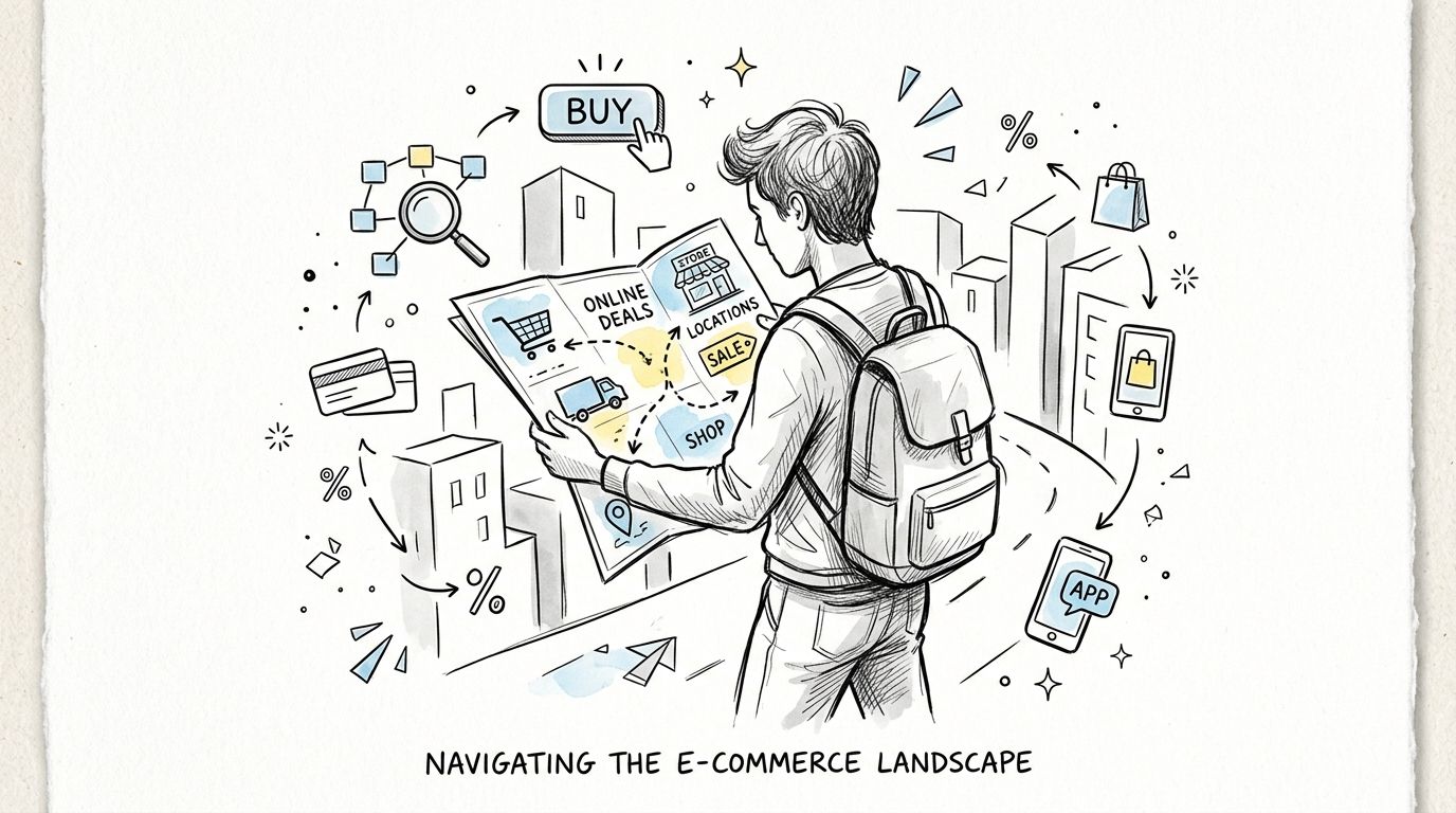 A person with a backpack looking at a map illustrating various e-commerce shopping and online deal options.