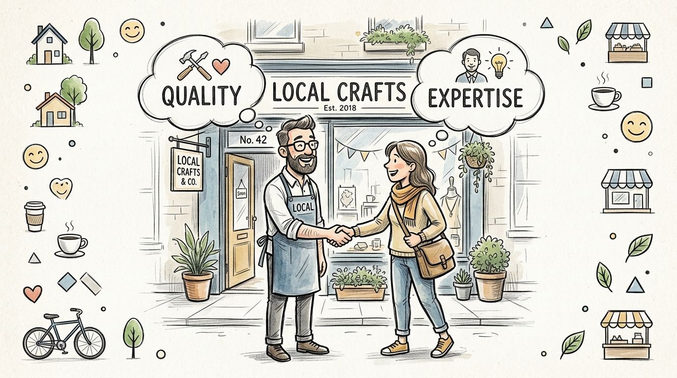 A friendly shopkeeper shaking hands with a customer in front of a cozy local craft store.