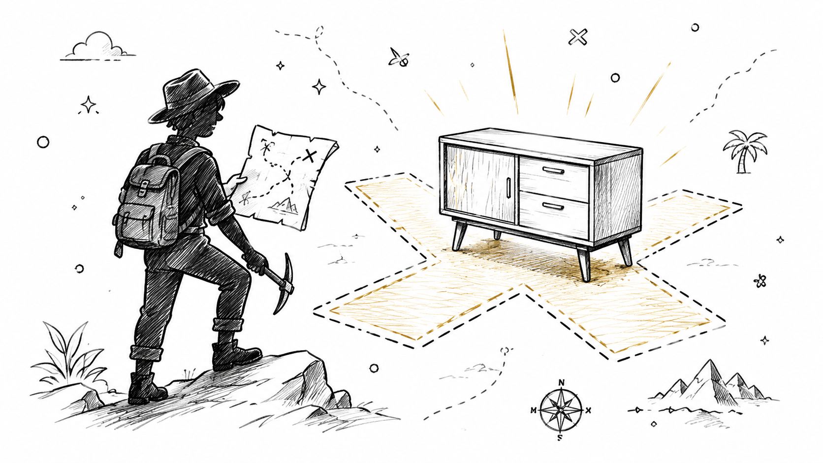 A treasure hunting explorer looking at a map and finding a mid-century wooden bedroom dresser cabinet.