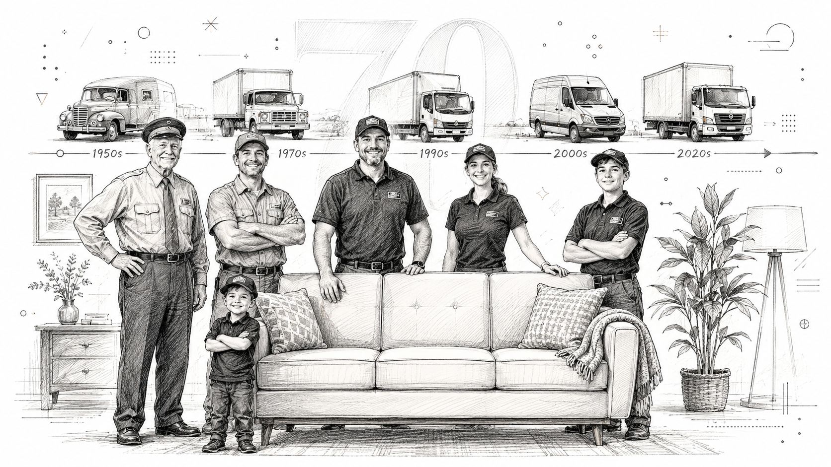 A black and white pencil drawing depicting seven people of various ages standing behind a modern sofa.