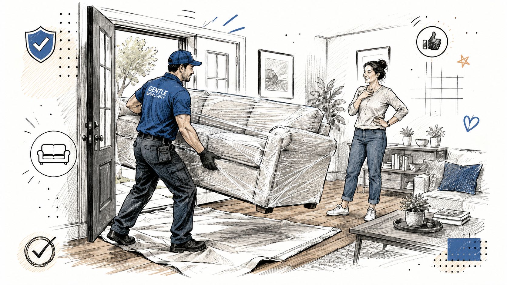 A professional delivery person in uniform carries a wrapped sofa into a living room for a customer.