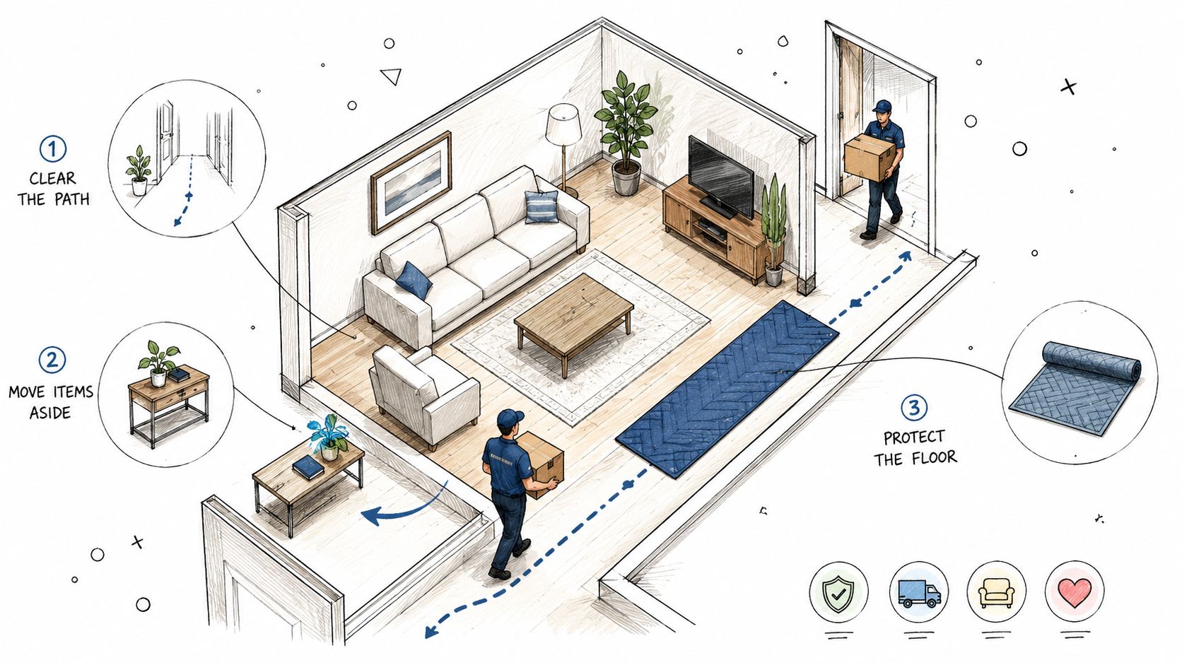 A diagram illustrating white glove delivery steps including clearing paths, moving furniture, and floor protection in a home.