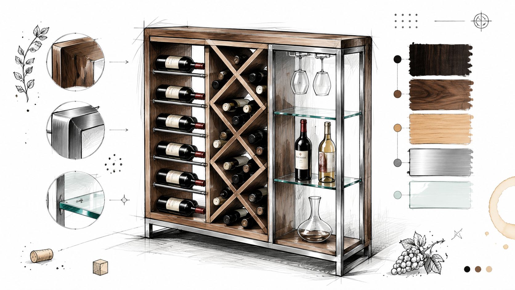 A detailed architectural sketch of a wooden and metal wine rack furniture piece with glass shelving.