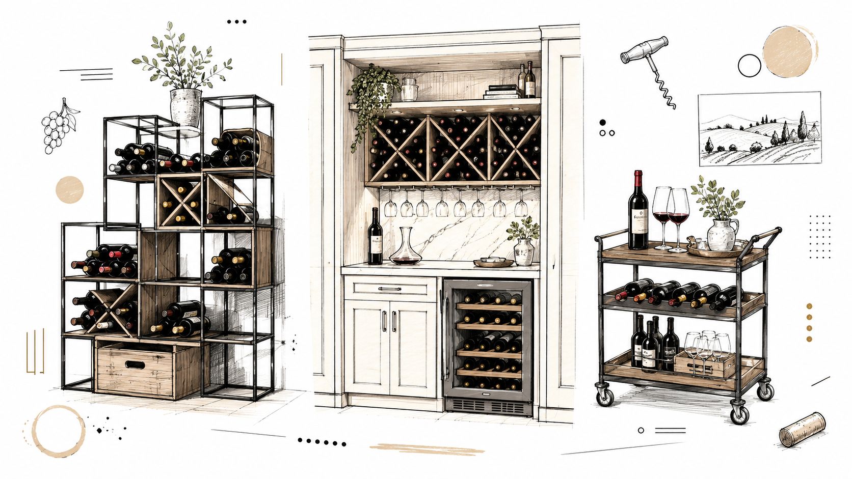 A detailed illustration showing various styles of home wine rack furniture, including shelving, cabinets, and carts.