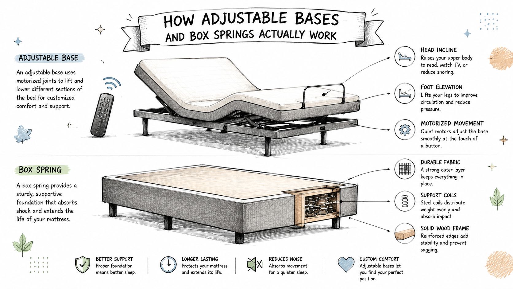 A diagram comparing an adjustable bed base and a traditional box spring foundation with their key features.