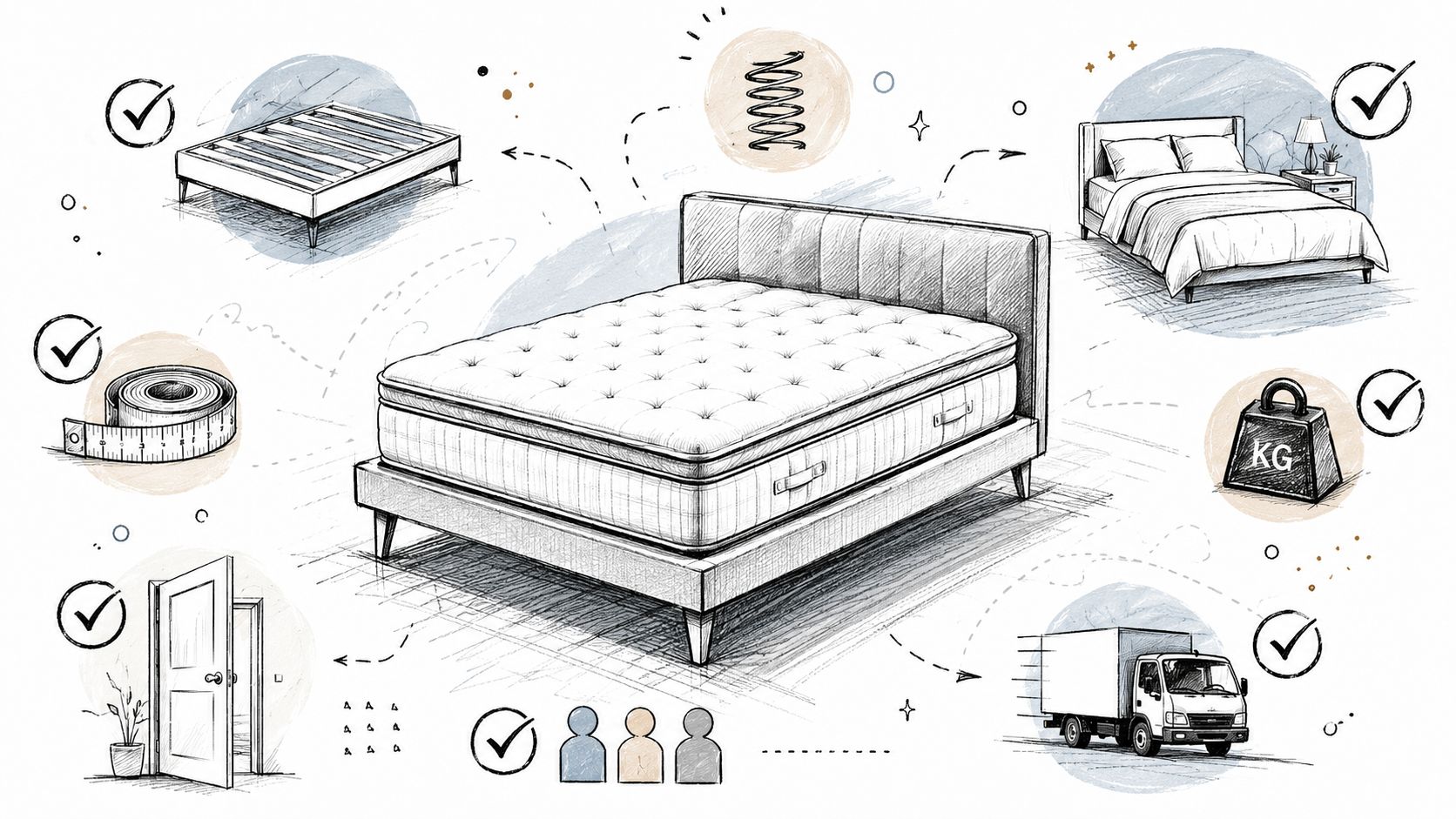 A pencil sketch illustration showing various considerations for choosing and delivering a new mattress and bed frame.