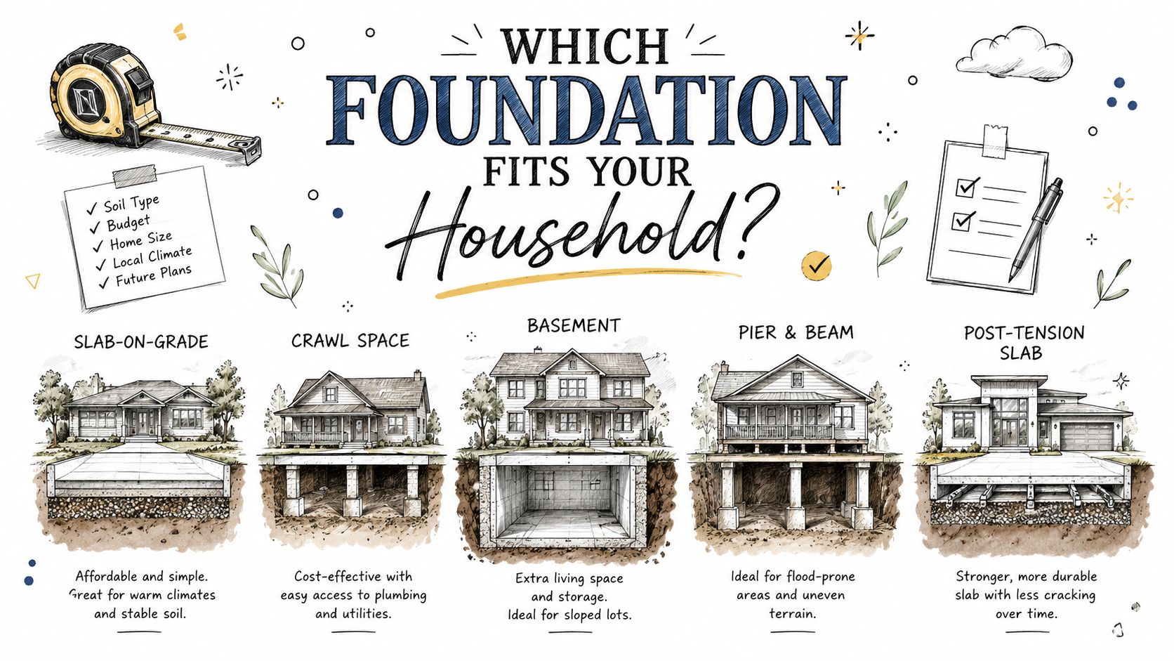 A guide illustrating five common home foundation types including slab-on-grade, crawl space, basement, pier and beam, and post-tension slab.