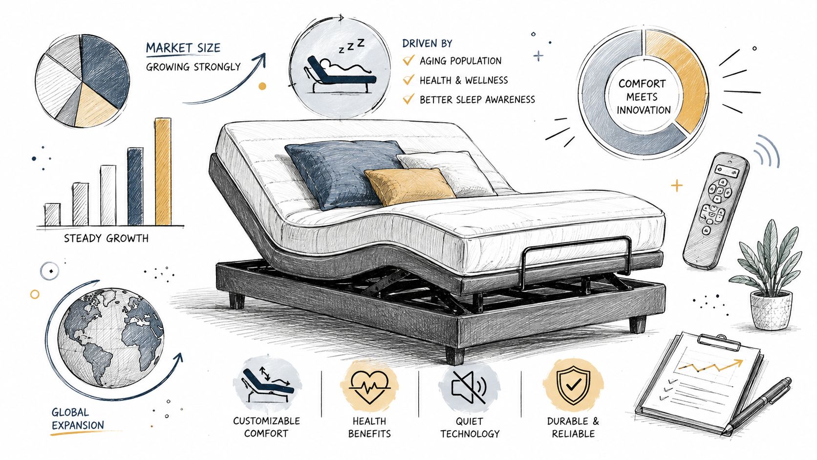 A hand-drawn illustration depicting the features, growth, and market trends of modern adjustable beds for wellness.