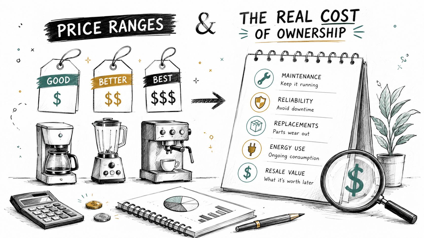 An infographic illustrating the price ranges of appliances alongside a checklist for evaluating total cost of ownership.