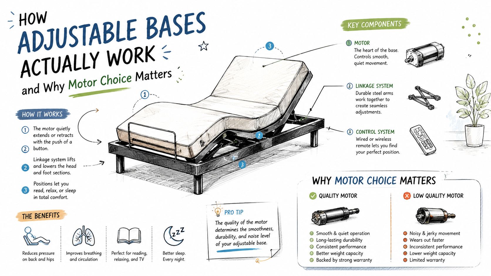 An infographic diagram explaining how adjustable bed frames work and highlighting the importance of high-quality motor components.