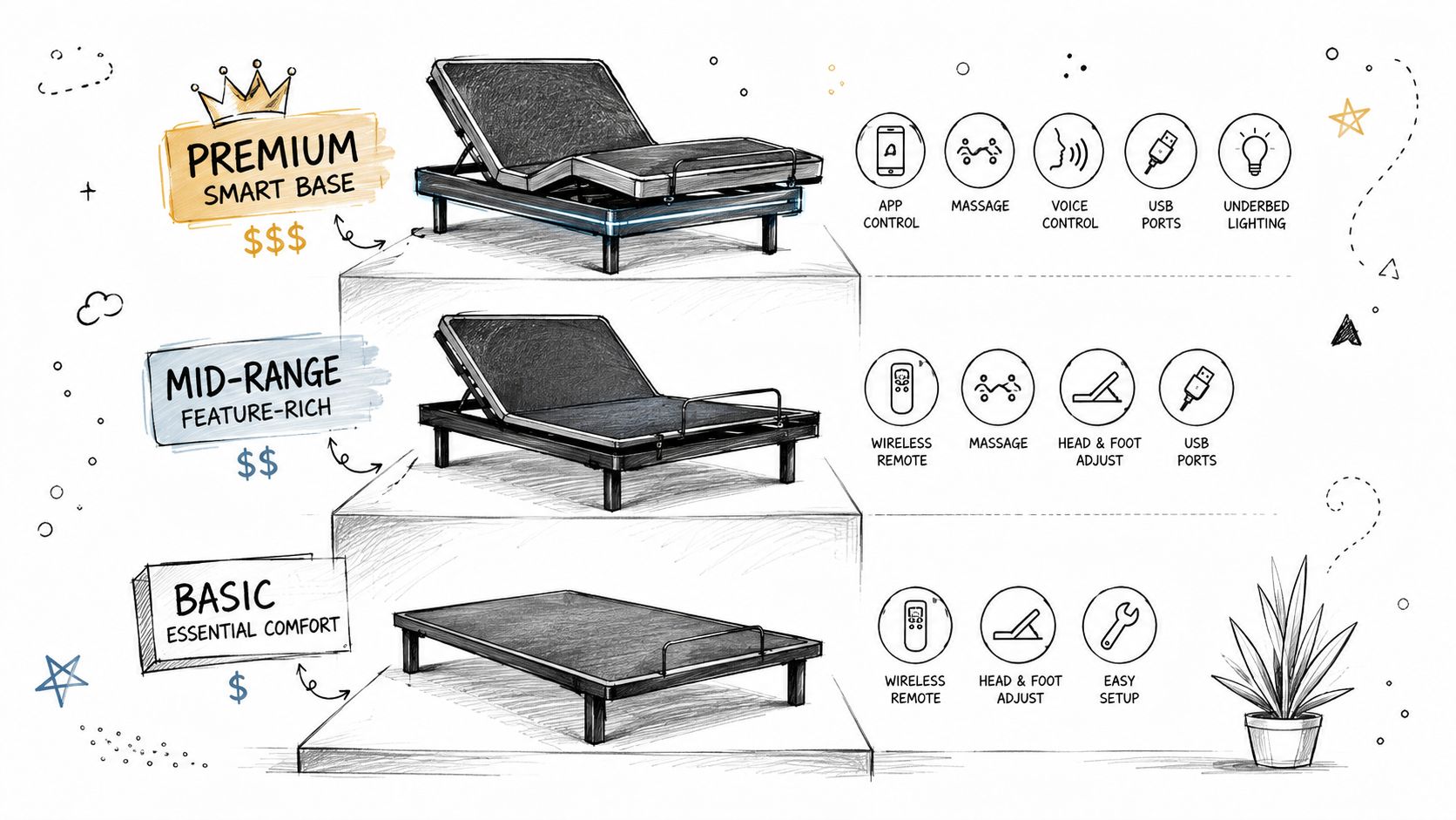 A comparison chart showing three tiers of adjustable bed frames: Premium, Mid-Range, and Basic with feature icons.