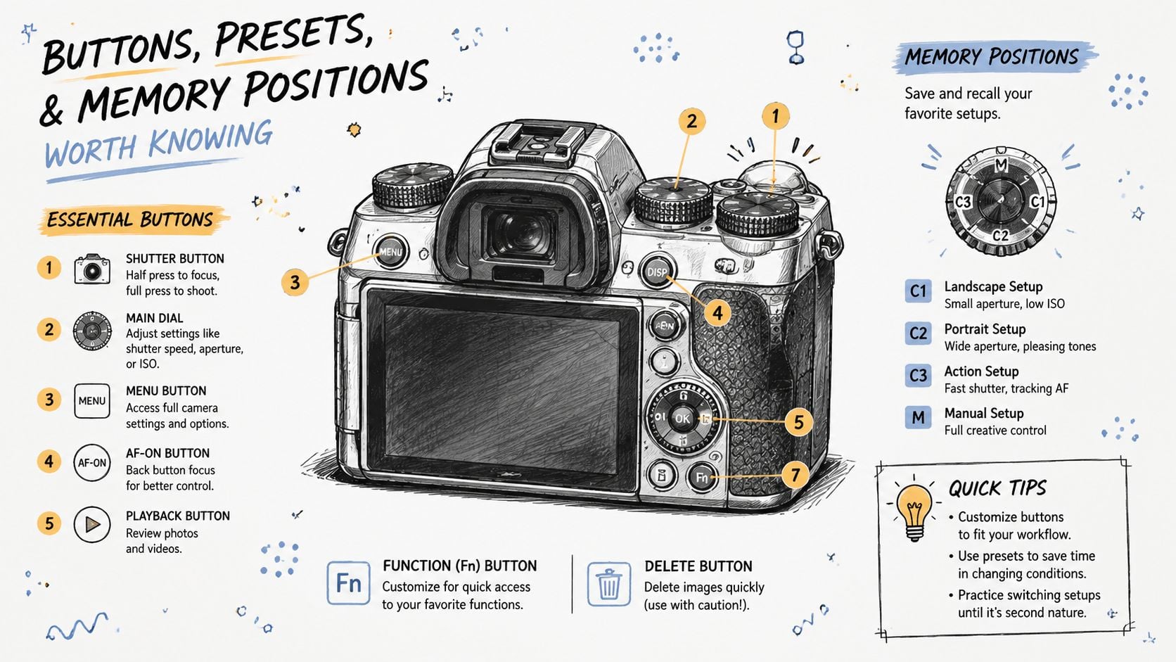 A detailed technical illustration of a digital camera back showing essential buttons and memory dial settings.