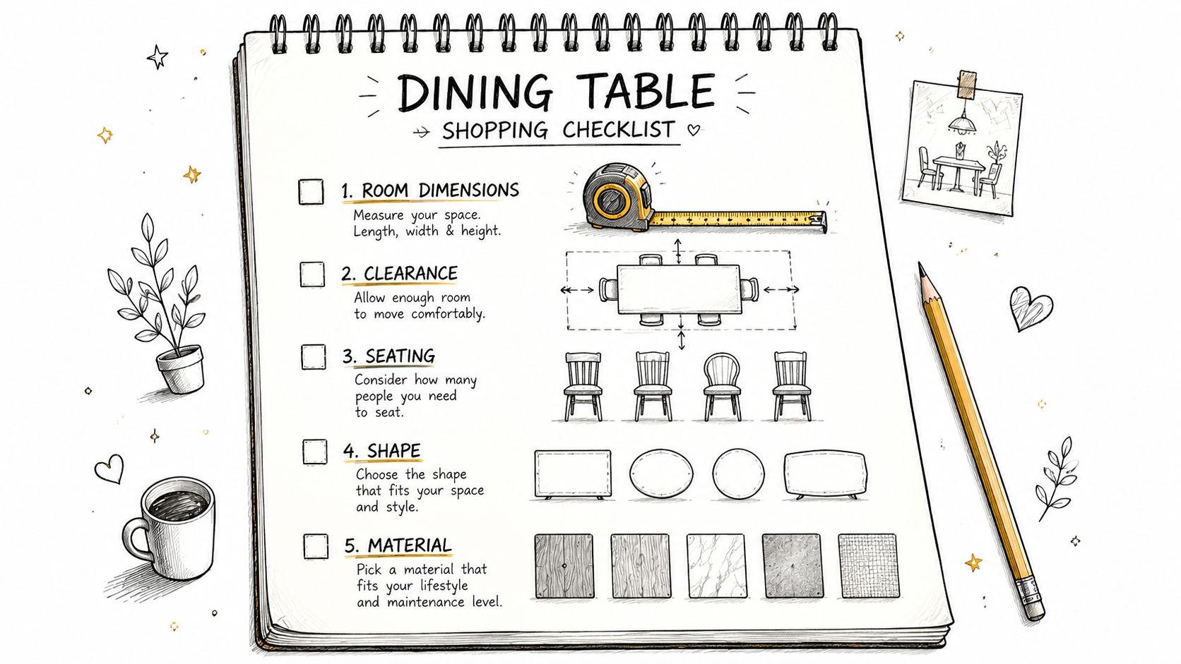 A hand-drawn checklist for buying a dining room table, including steps for measuring, clearance, seating, shape, and materials.