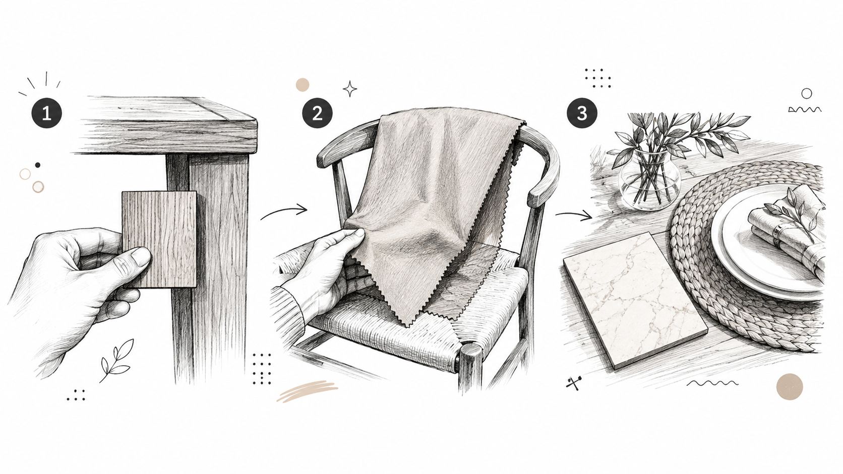 An illustration showing three steps for selecting wooden dining table textures, upholstery fabric, and table decor.