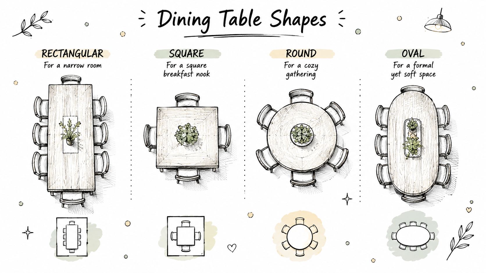 A diagram illustrating four different dining table shapes: rectangular, square, round, and oval with seating arrangements.