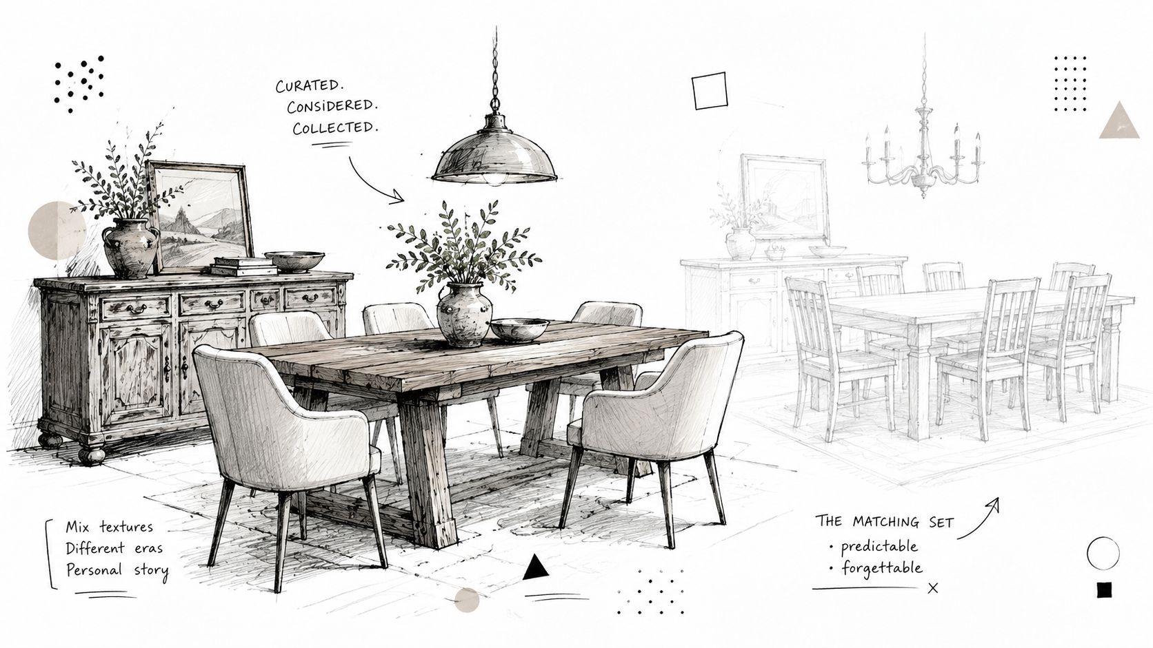 A pencil sketch comparison showing a curated, eclectic dining room versus a standard, predictable matching furniture set.