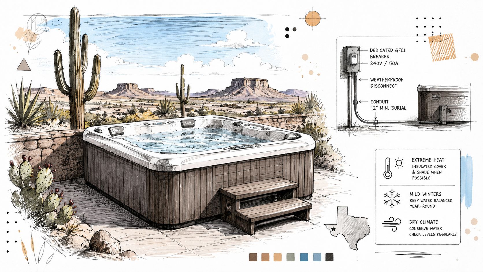 A scenic illustration of a hot tub in a desert setting with installation and climate maintenance tips.