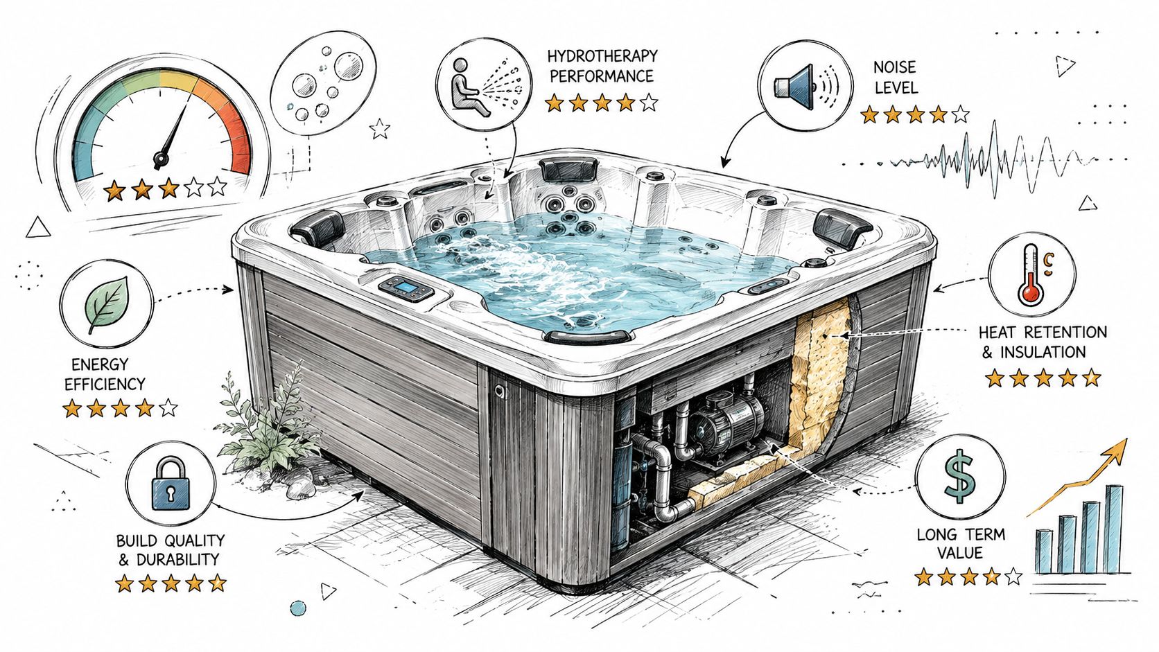A detailed technical illustration of a modern hot tub highlighting various quality, performance, and energy efficiency ratings.