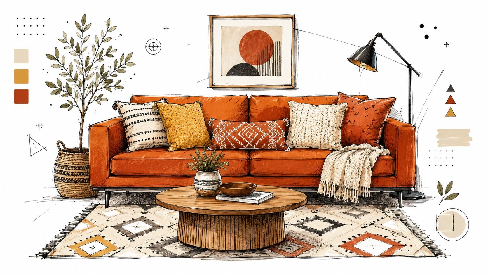 A stylish illustration of a burnt orange couch with decorative pillows and a rustic coffee table.