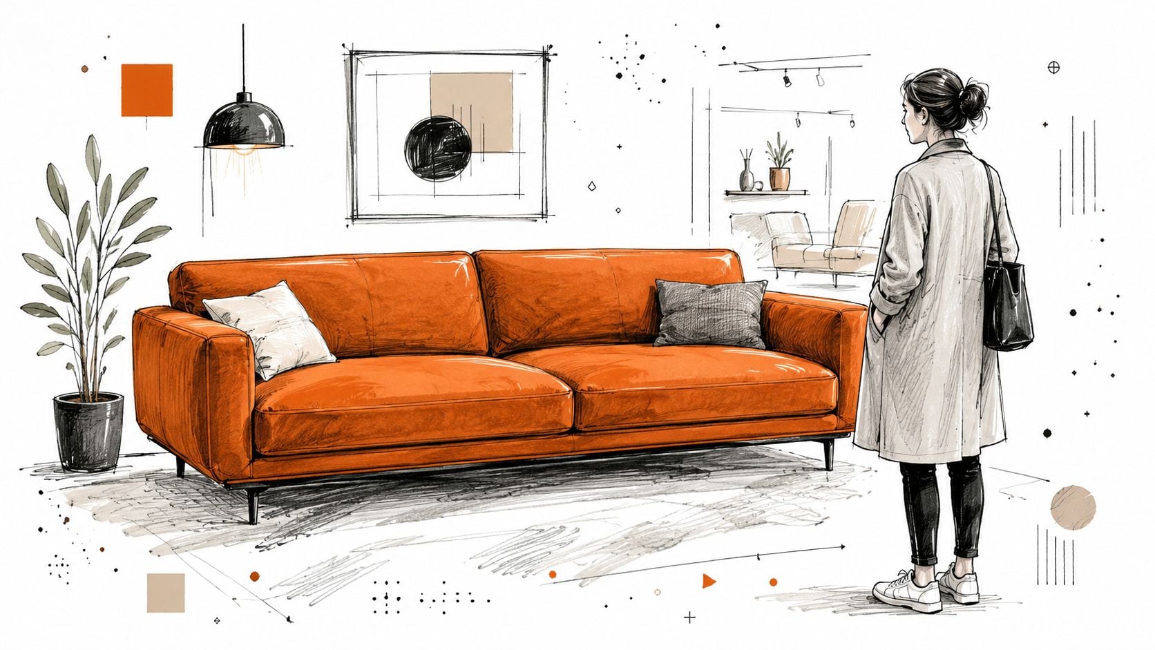 A woman looks at a modern burnt orange couch in a stylish, hand-drawn interior design sketch.