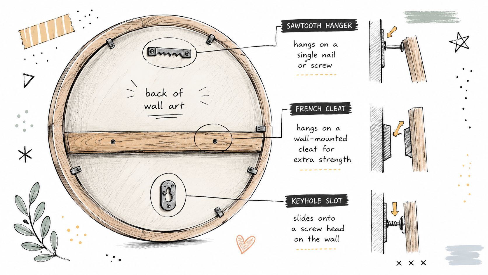 A diagram demonstrating three different methods for hanging circular wall art: sawtooth hanger, French cleat, and keyhole slot.