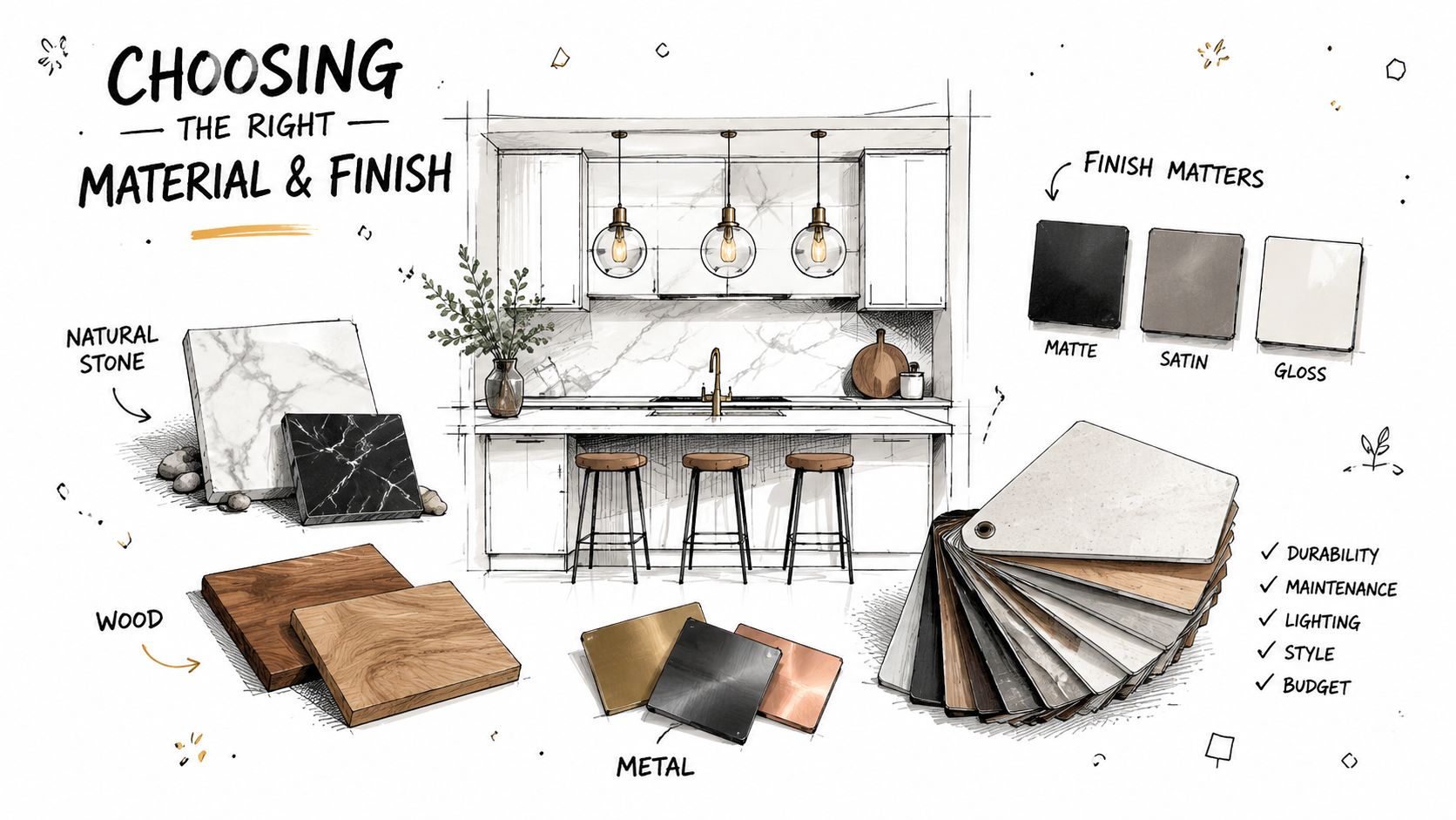 A detailed sketch showing various kitchen materials including natural stone, wood, metal finishes, and samples for interior design.