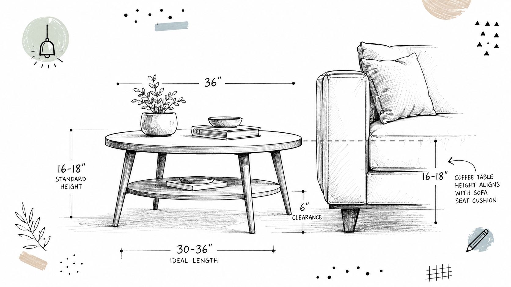 A diagram illustrating the ideal height, length, and clearance measurements for a coffee table next to a sofa.
