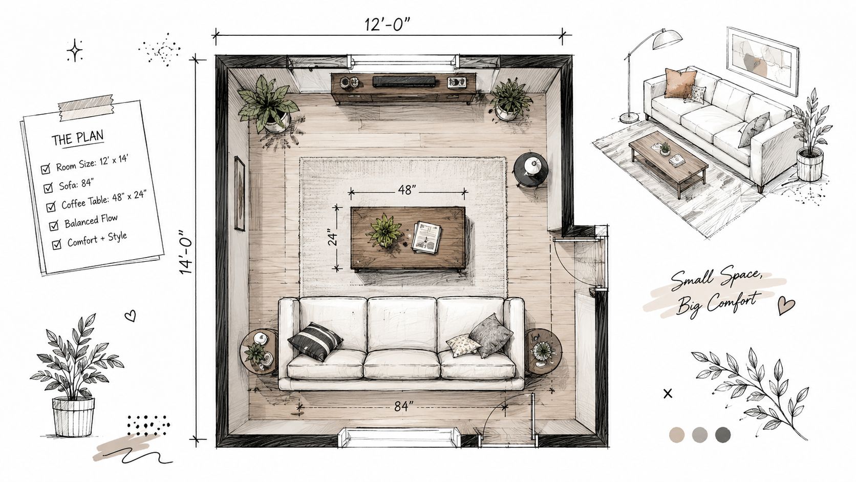 An illustrated floor plan and perspective view of a cozy living room with furniture dimension labels.