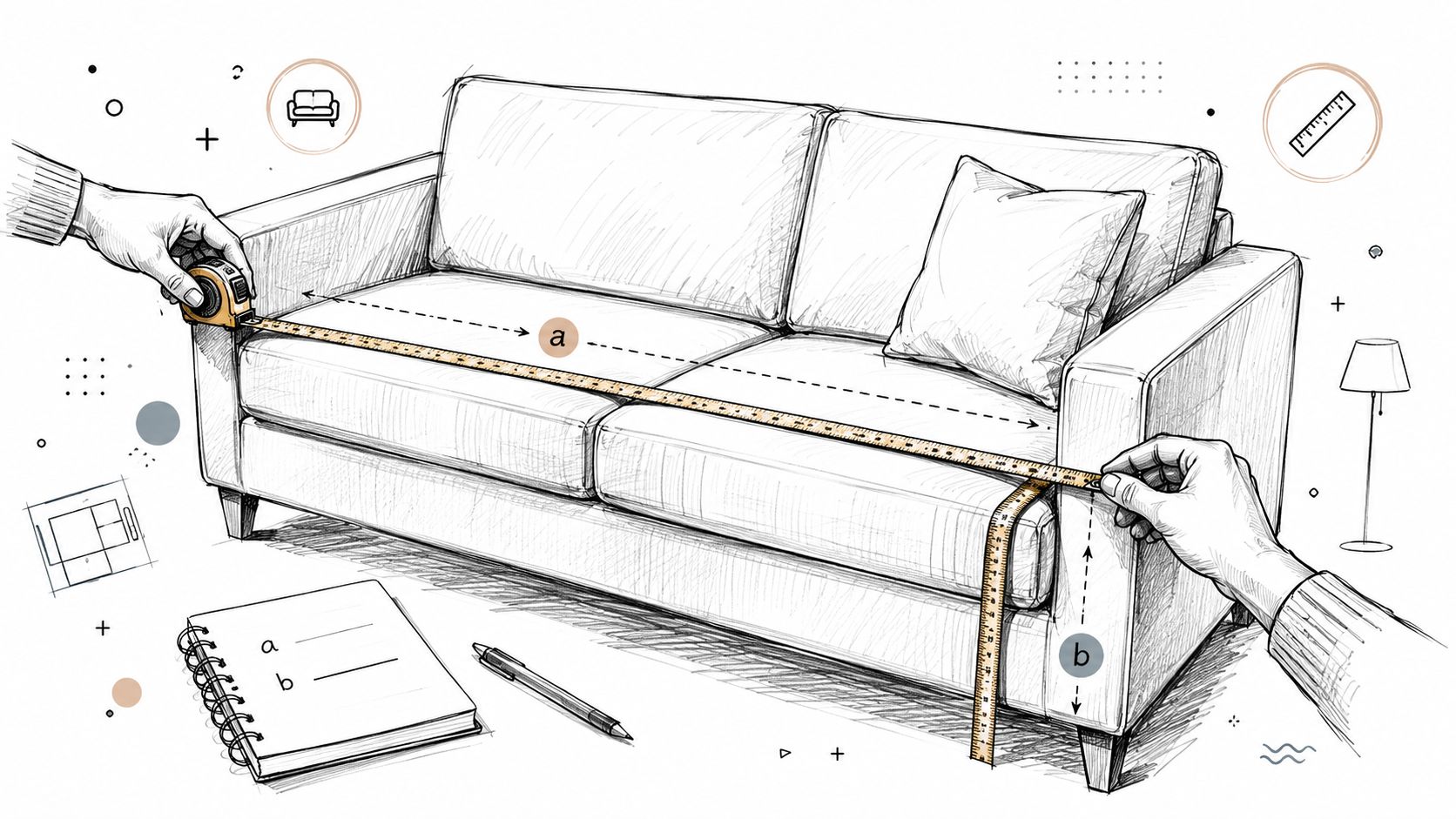 A hand-drawn illustration showing hands measuring a sofa with a tape measure for a sizing guide.