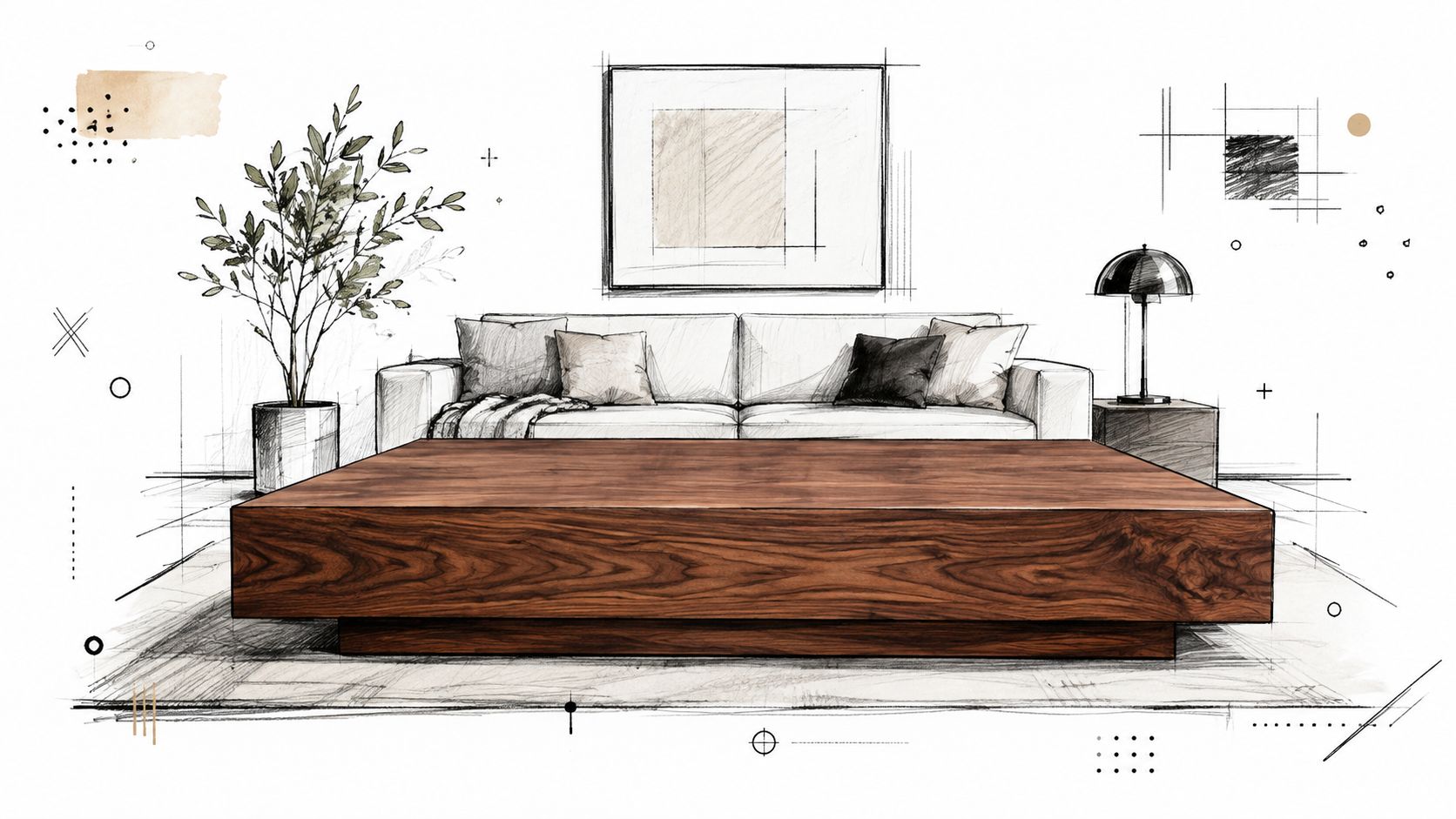 A modern, minimalist wooden coffee table centered in a stylish, sketch-style living room interior design concept.