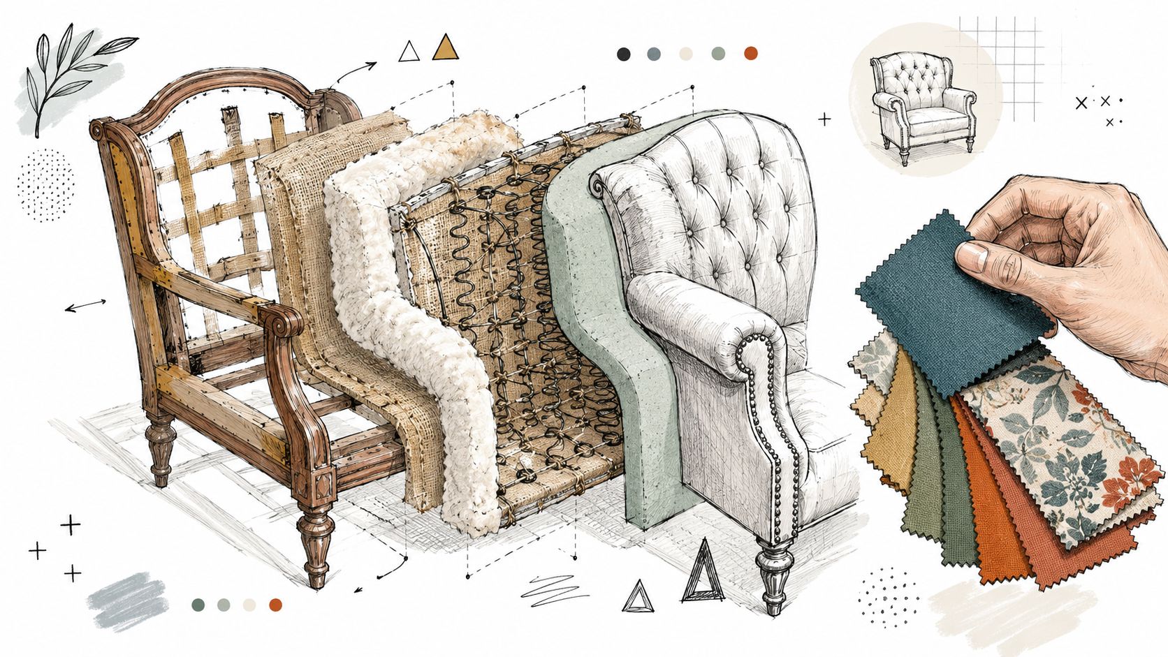 A detailed technical illustration showing the layered construction process of a custom upholstered armchair with fabric samples.