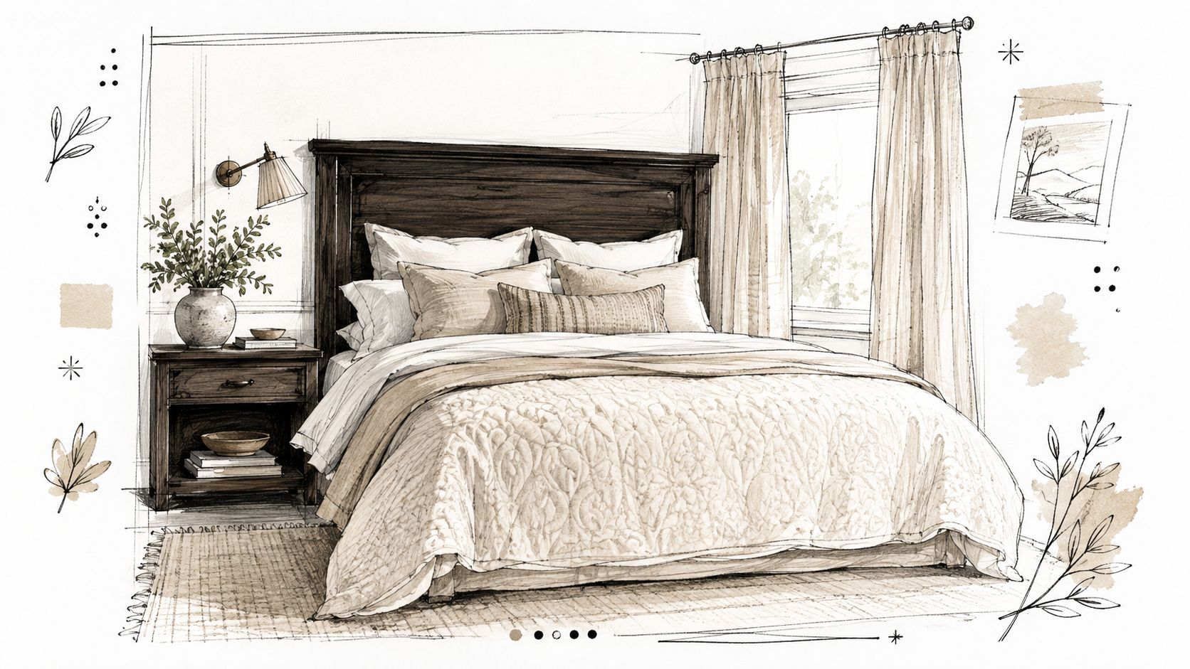 A pencil sketch of a bedroom interior featuring a dark wood headboard, bedside table, and draped window curtains.