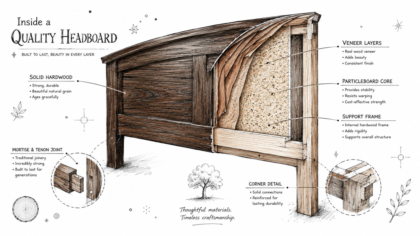 A detailed technical illustration showing the layered materials and joinery construction of a high-quality wood headboard.