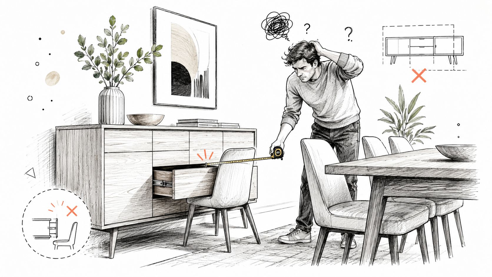 A confused person measuring dining room furniture with a tape measure to check for space clearance issues.