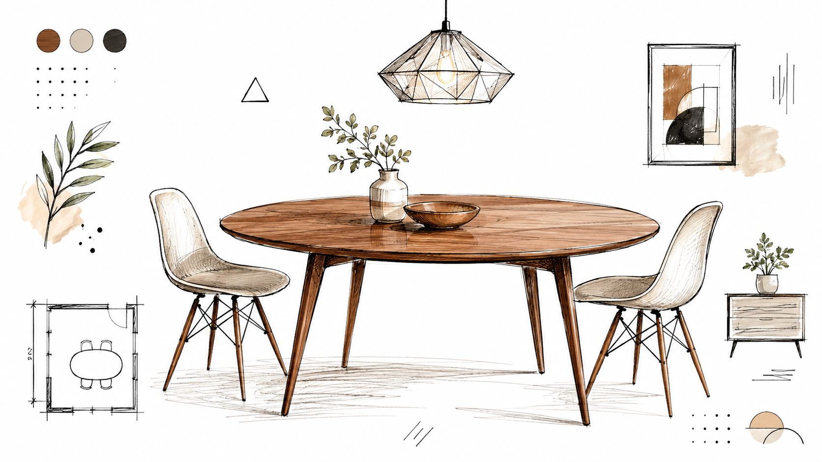 A digital sketch of a modern mid-century dining room set with a wooden table and white chairs.