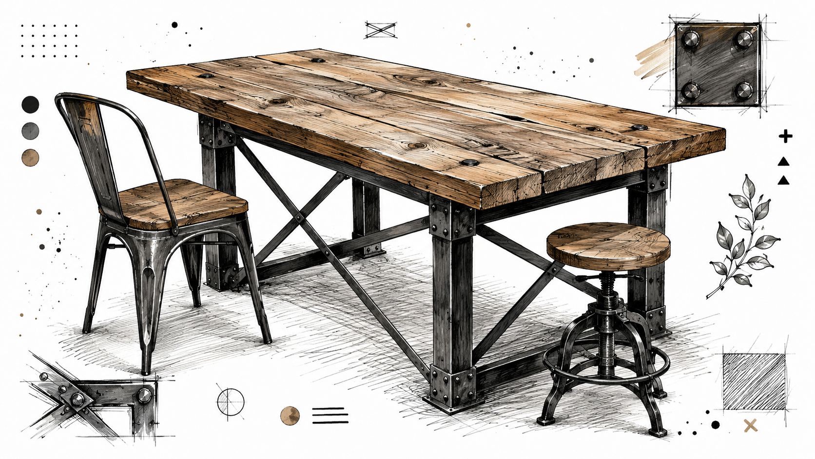 A detailed technical sketch showing an industrial style wooden dining table with metal legs and stools.