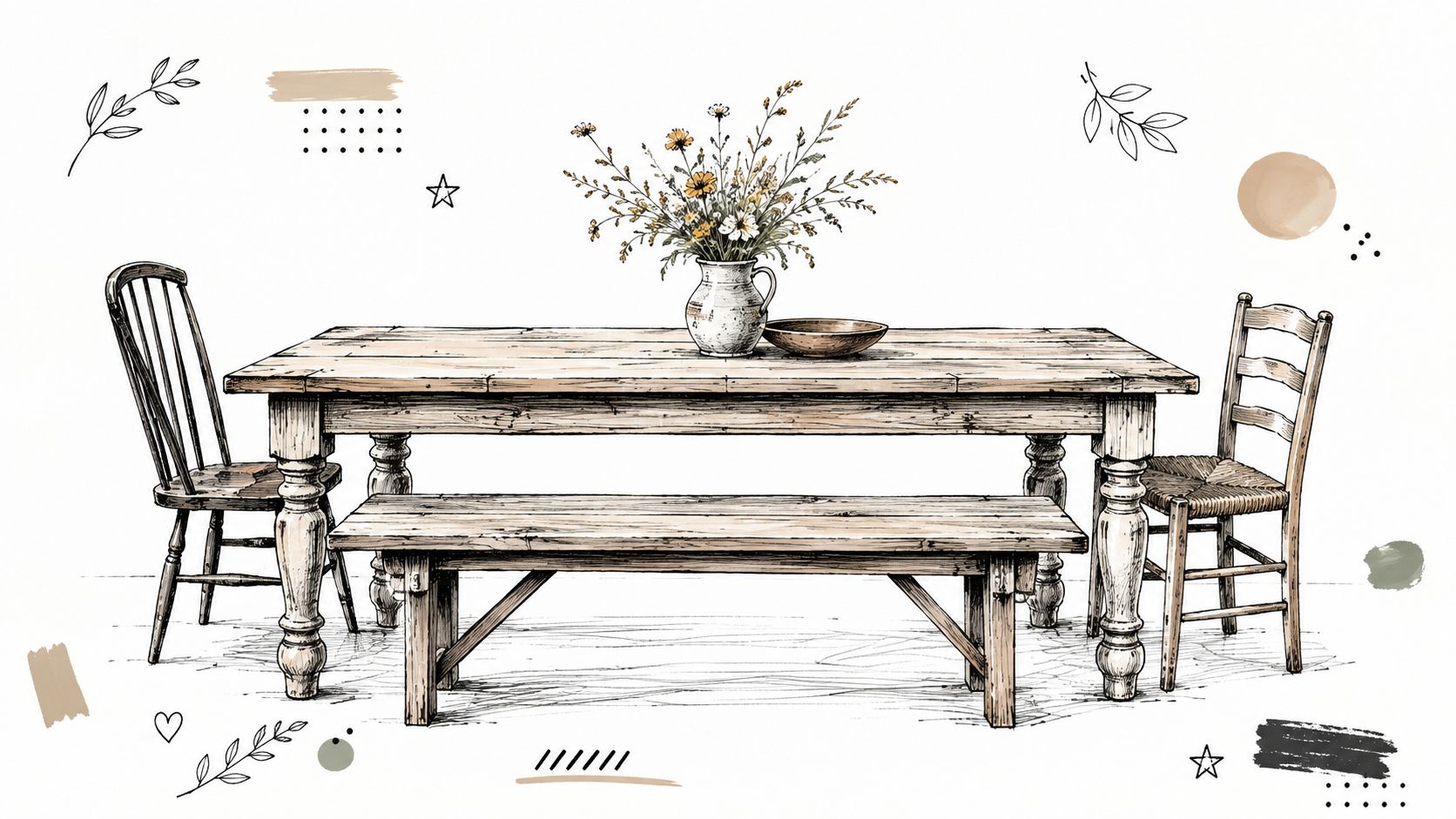 A rustic wooden dining table with a bench and two vintage chairs, styled with a flower vase.