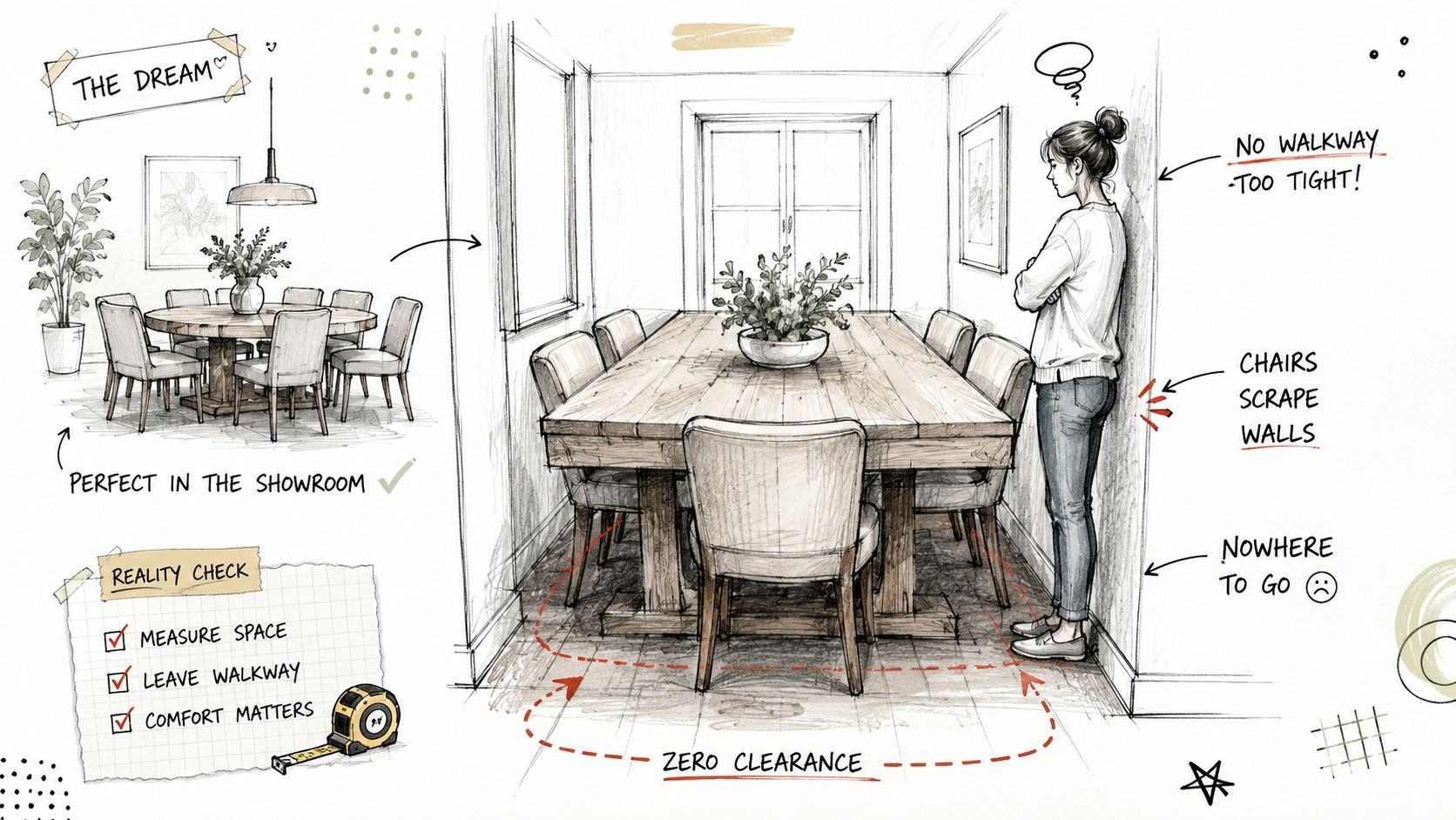 An illustration comparing an idealized dining table setup with the reality of a cramped dining room space.