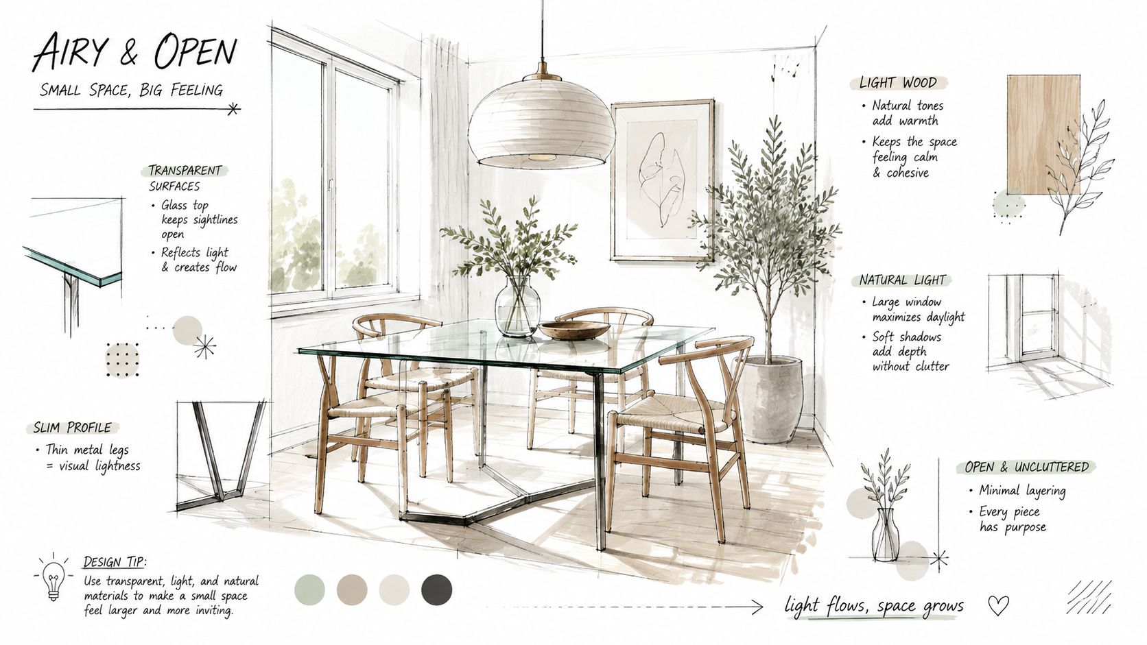 A design sketch illustration showing interior design tips for making a small dining room feel open and airy.