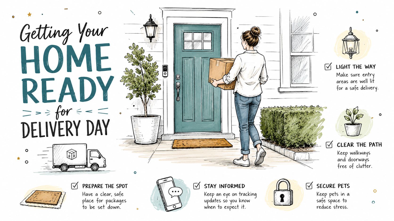 A helpful infographic showing five essential tips for preparing your home for a smooth package delivery day.
