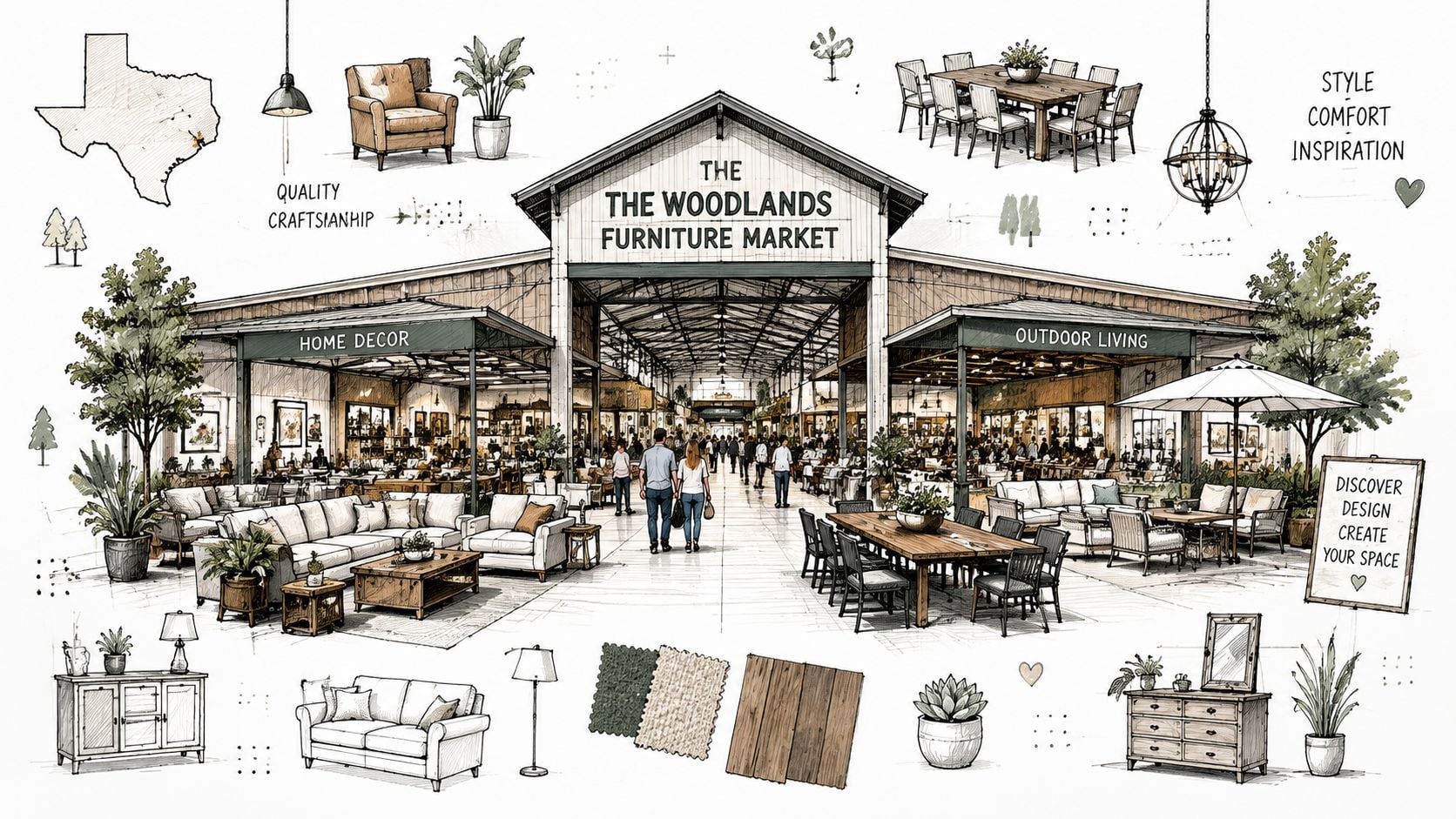A detailed sketch of The Woodlands Furniture Market showcasing various furniture styles, home decor, and outdoor living.