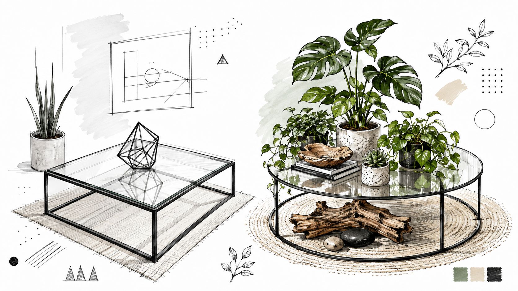 A detailed sketch showing two different modern glass coffee tables decorated with plants and decor accessories.