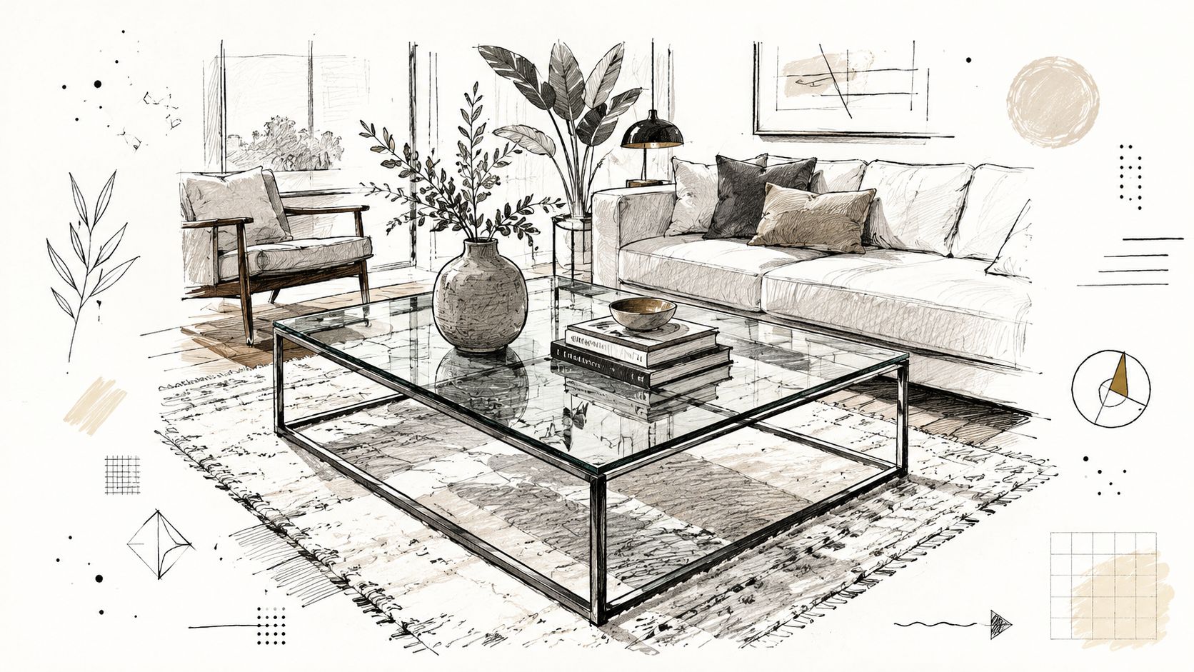 A detailed architectural sketch of a modern living room featuring a glass coffee table and sofa.