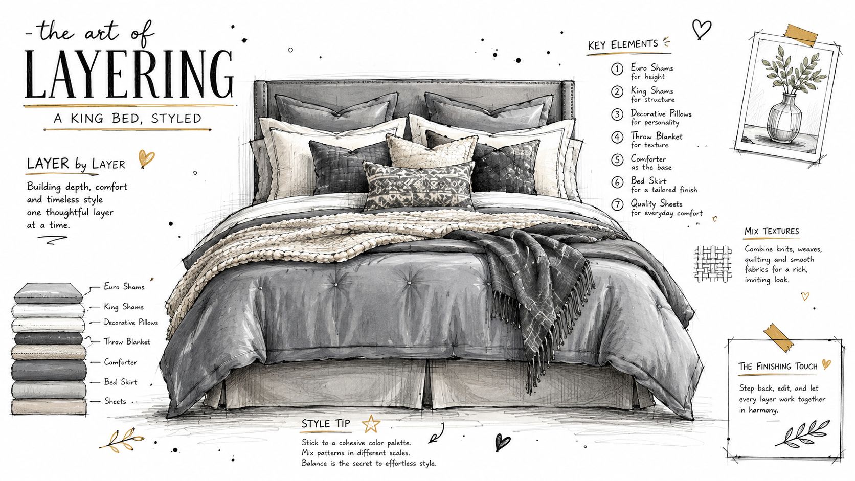 A detailed illustration guide showing how to style a layered king bed with pillows and bedding.