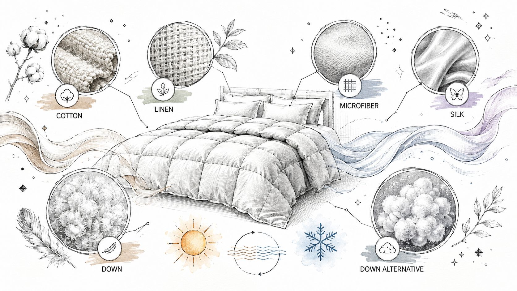 A detailed illustration showcasing various bedding material options like cotton, linen, silk, down, and down alternative.