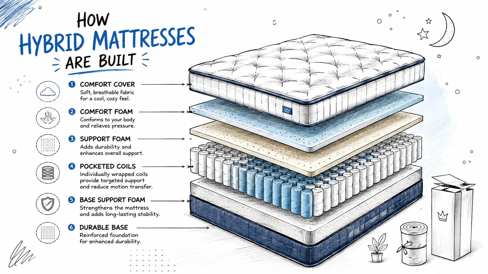 An infographic showing the layered construction of a hybrid mattress including comfort foam and pocketed coils.