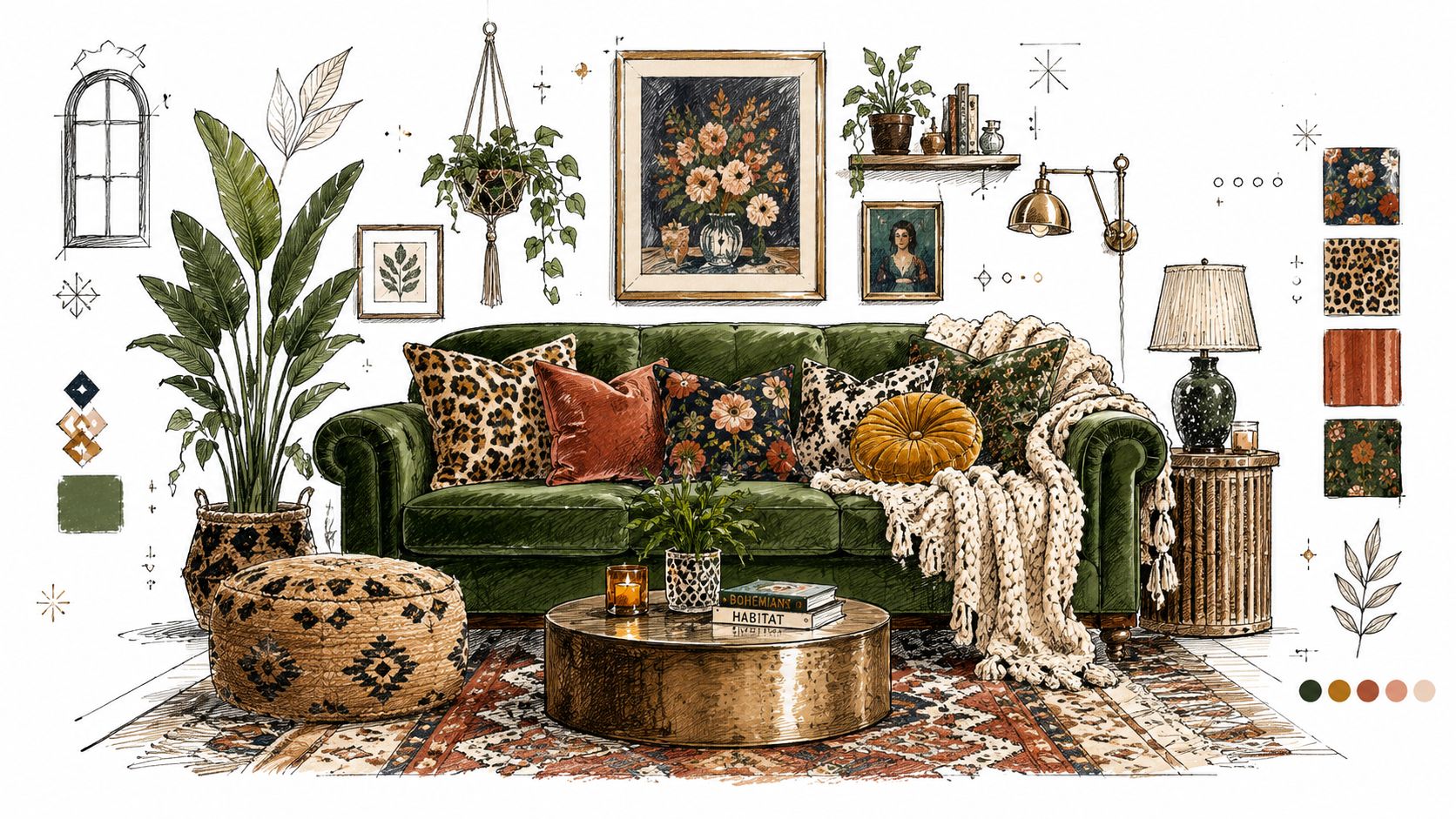 A hand-drawn illustration of a cozy living room featuring a green velvet sofa and eclectic decor.