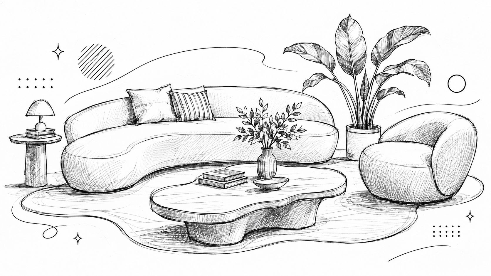 A stylish hand-drawn sketch of modern living room furniture featuring a curved sofa, coffee table, and armchair.