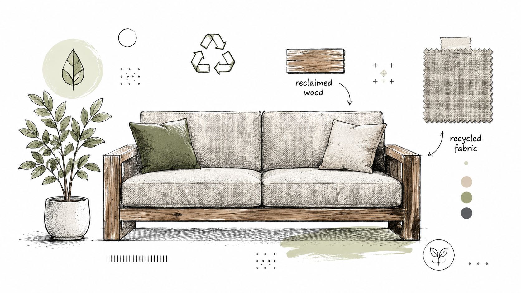 A design sketch of a modern sustainable sofa made from reclaimed wood and recycled fabric materials.